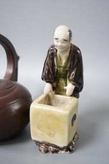 A Yixing teapot and a Japanese pottery figural brush washer 11cm